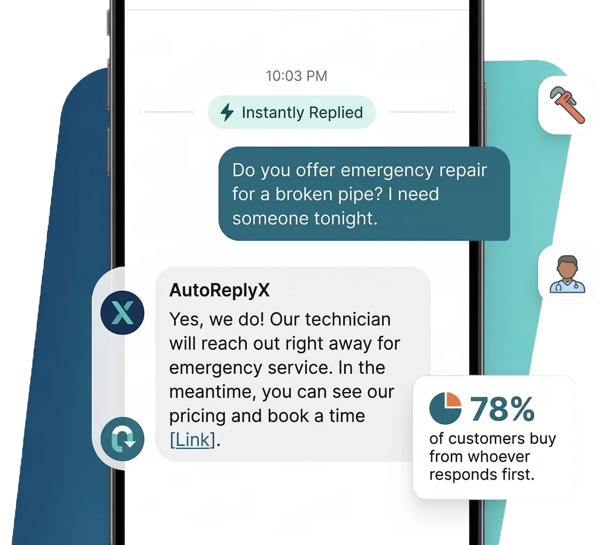 AutoReplyX instantly replying to a customer asking about emergency plumbing service at 10:03 PM